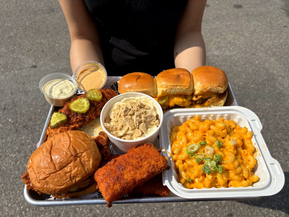 NYS catering tray with sliders, tenders, mac n cheese and pudding